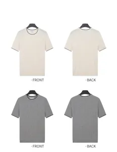 Front and back views of men's knitted short sleeve T-shirts in white and grey