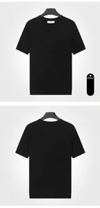 Men's minimalist black knit Henley t-shirt showing front and back views with button neck