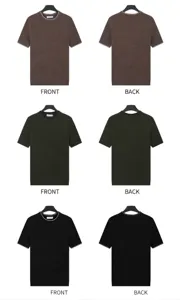 Detailed front and back views of men's solid color knitted round-neck short sleeve shirts.