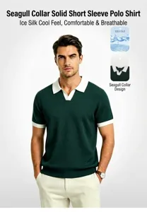 Detailed shot of men's dark green waffle texture polo shirt with white seagull collar.