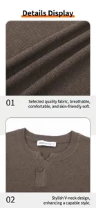 Detail of men's brown Henley neck knitted T-shirt showing fabric texture and V-neckline