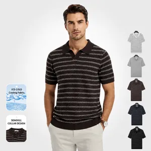 Men's Ice Silk Cooling Polo Shirt Summer Knitted Striped T-Shirt Breathable Business Casual Seagull Neck Slim Fit Top