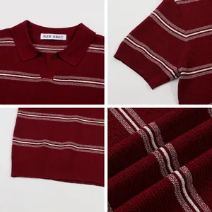 Men's striped knit polo shirt with seagull collar and textured premium fabric