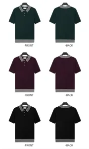 Front and back views of knitted polo shirts in green, burgundy, and black