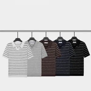 Men's striped knit ice silk polo shirt featuring a stylish seagull collar in five colors