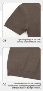Detailed view of the ribbed cuffs and reinforced hem on a brown knitted t-shirt