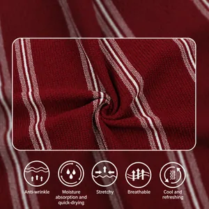 Men's breathable striped ice silk polo shirt fabric close-up in deep burgundy red