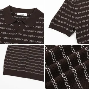 Men's ice silk striped knit polo shirt with stylish seagull collar and elastic cuffs