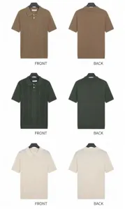 Front and back views of men's breathable knit polo shirts in multiple colors