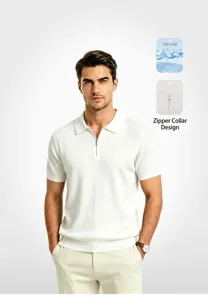 Professional male model showcasing detail of a white ice silk polo with zipper collar