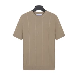 Men's business casual khaki crew neck knit T-shirt featuring vertical textured stripes
