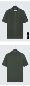 Men's dark green knitted Polo shirt showing front and back views with ribbed texture