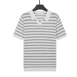 Men's ice silk knit polo shirt with breathable striped pattern for business casual
