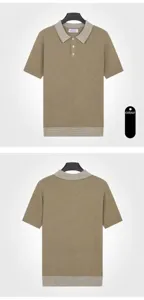 Front and back view of premium camel knit polo shirt with striped contrast collar detail