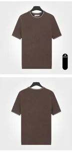 Front and back detail of a men's camel short-sleeved ribbed knit crew neck t-shirt
