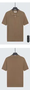 Front and back views of a men's tan ice silk knitted short sleeve polo shirt