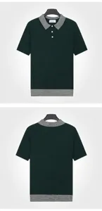 Detailed front and back views of dark green knitted polo shirt with striped contrast collar