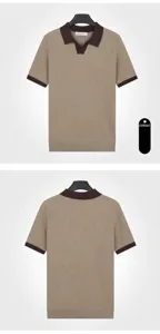 Front and back view of men's breathable summer knit polo shirt in khaki brown