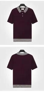 Men's knitted polo shirt in wine red with contrast striped collar, front and back views