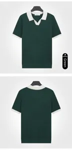 Front and back view of men's dark green ice silk V-neck Polo shirt with white collar