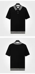 Front and back views of a stylish black knit polo shirt with striped collar detail