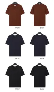 Men's short-sleeve knit zip polo shirts shown in brown, navy, and black color options
