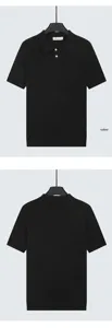 Front and back view of black knitted Polo shirt with ribbed texture and two buttons