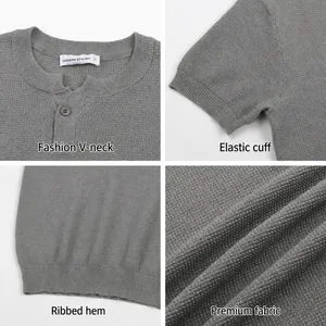 Japanese style men's minimalist knitted Henley T-shirt with ribbed cuffs in grey