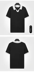 Front and back views of a black men's ice silk knit polo shirt with white trim.