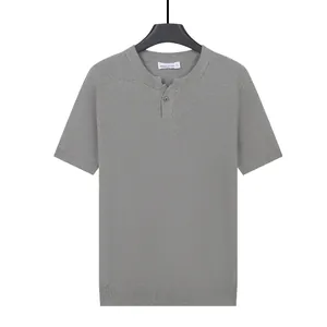 Men's Japanese minimalist grey knit short sleeve Henley T-shirt breathable summer top
