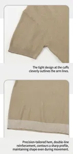 Close-up of the fine knitted texture and ribbed cuff detail of a men's khaki polo shirt