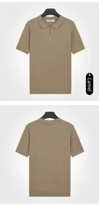 Detailed front and back views of a men's camel ice silk knitted polo shirt with zipper collar