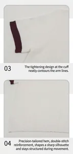 Detail view of the white knit polo shirt sleeve and reinforced double-line hem stitching
