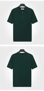 Front and back detail of dark green men's ice silk knit polo with zipper collar