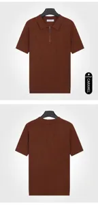 Men's caramel short-sleeved knitted polo shirt with zipper lapel and ribbed texture