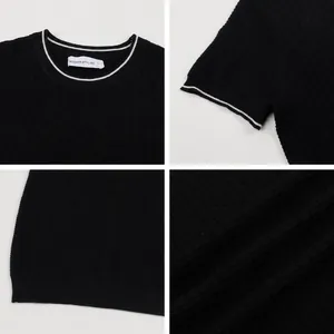 Black knit short-sleeve top with classic round neck and premium textured fabric