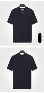 Front and back detail of a men's dark purple short sleeve knit polo with a zipper collar