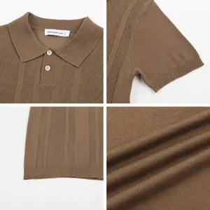 Brown ribbed knit Polo shirt for men featuring cooling fabric and seagull collar details