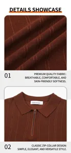 Close-up of brown knitted polo shirt showing fabric texture and zipper collar