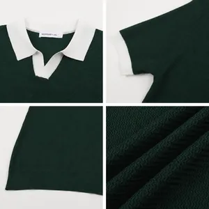 Detailed views of men's dark green ice silk polo shirt with a stylish seagull collar