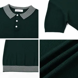 Classic men's dark green knitted polo shirt with striped contrast collar details.