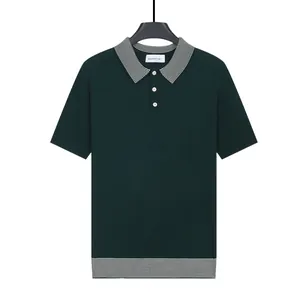 Premium men's dark green knitted polo shirt with contrast striped collar and hemline