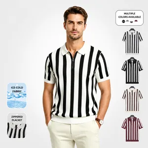Men's Old Money Style Ice Silk Knitted Polo Shirt Vertical Striped Contrast Color Zipper Lapel Short Sleeve Casual Top