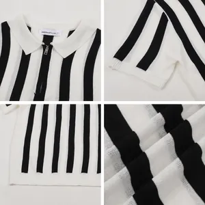 Detail views of a men's vertical striped knit Polo shirt with zipper collar and hem