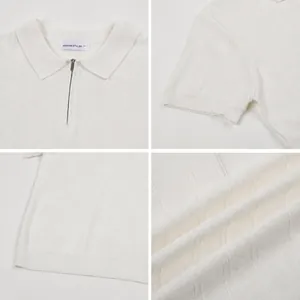 Polo bianca in seta di ghiaccio da uomo con colletto a zip e maglia testurizzata traspirante.