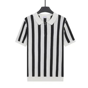 Men's classic vertical striped knitted polo shirt with zipper collar in black and white