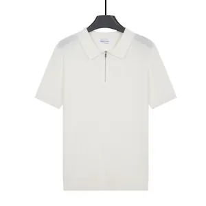 Polo classica da uomo in maglia di seta ghiaccio bianca con zip e colletto a rever