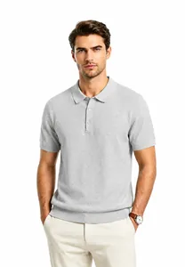Detailed look at a men's light gray knit polo shirt with premium cooling fabric