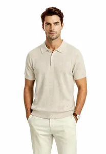Detailed close-up of men's ice silk short-sleeve knitted polo shirt in cream white