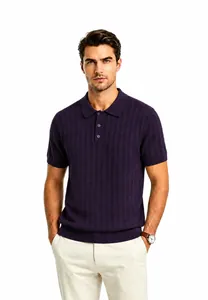 Detail view of a men's purple ice silk knit polo shirt with a stylish seagull collar